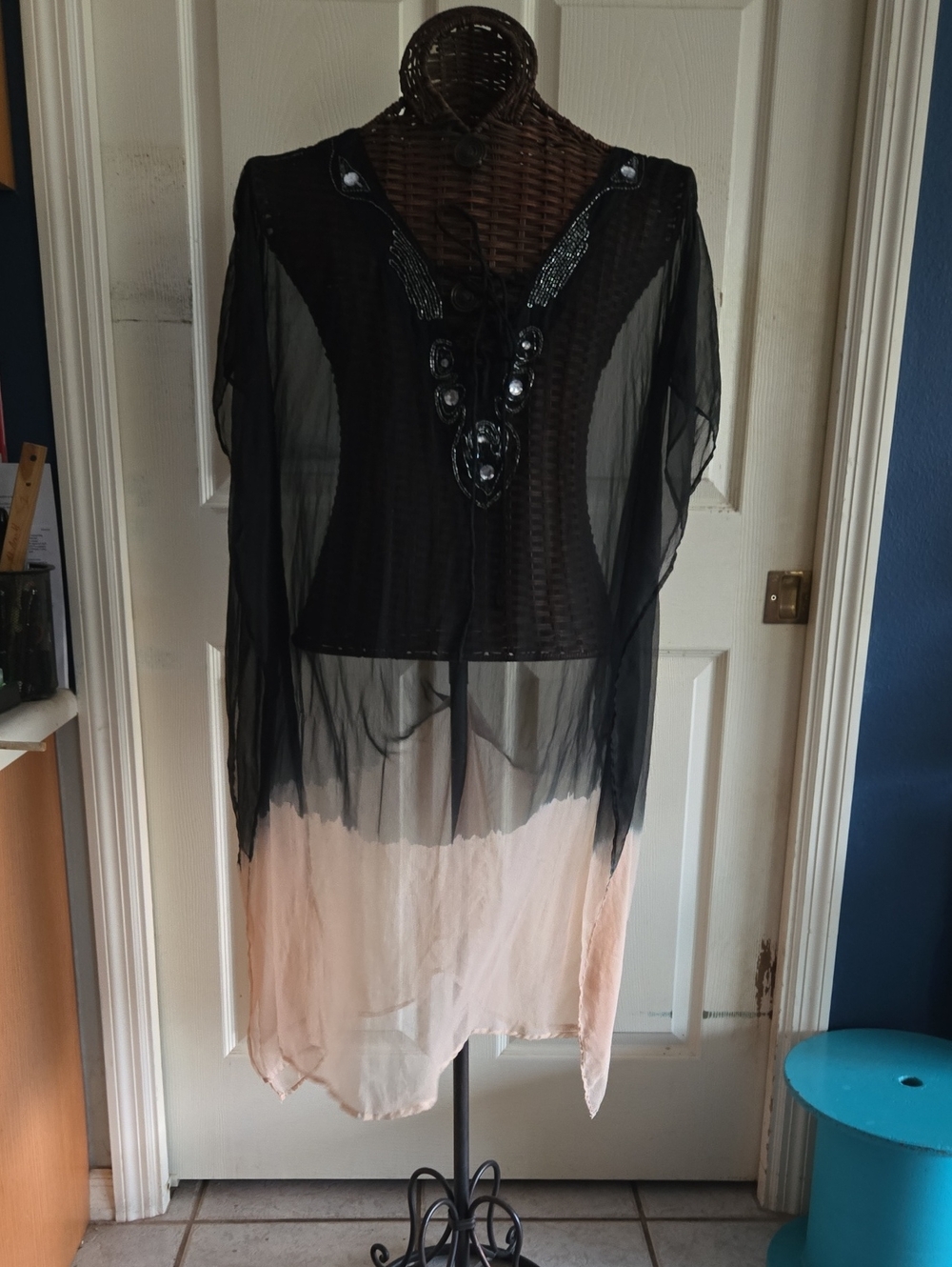 Raviya Black Sheer Bathing Suit Cover-u with Ombre Hem and Beaded Neckline